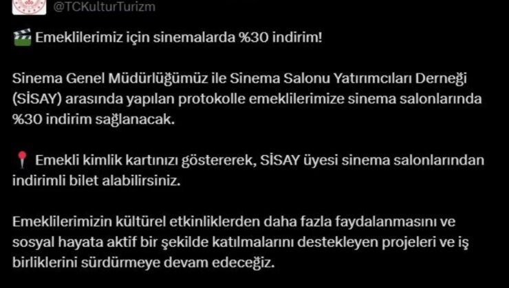 Emeklilere sinema salonlarında indirimli bilet imkanı