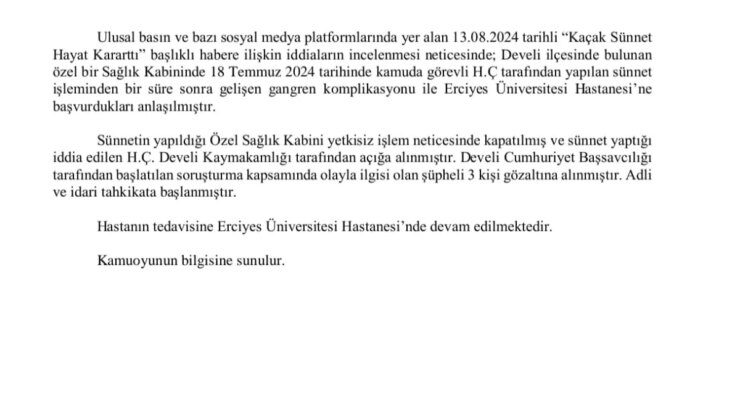 Kayseri’de sağlık kabininde sünnet sonrası kangren oluştu, 3 şüpheli gözaltına alındı