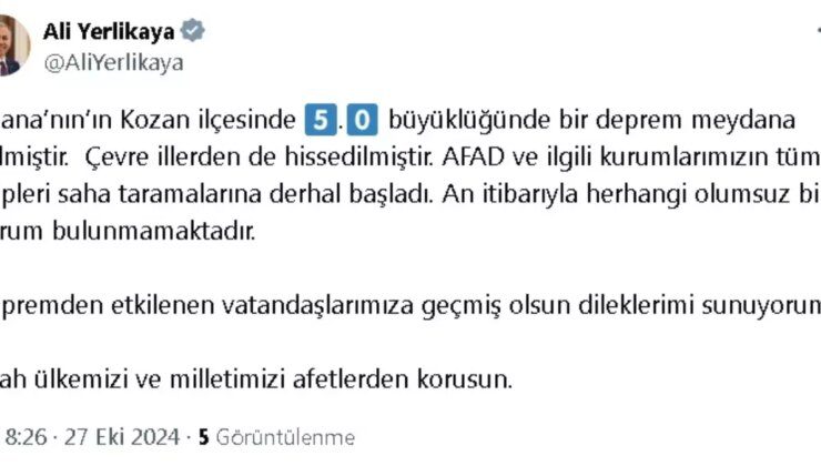 Adana’nın Kozan İlçesinde 5.0 Büyüklüğünde Deprem