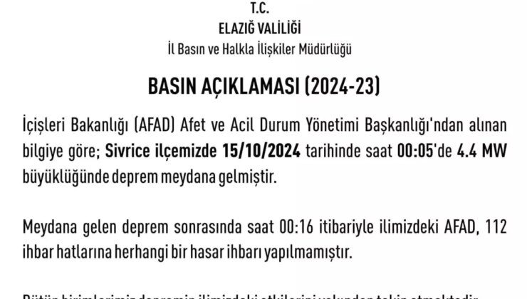 Elazığ’da 4,4 Büyüklüğünde Deprem