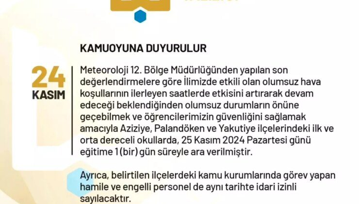 Erzurum’da Kar Yağışı Nedeniyle Eğitime Ara Verildi