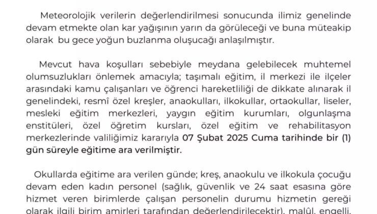 Kayseri’de Eğitime Kar ve Olumsuz Hava Şartları Nedeniyle Ara Verildi