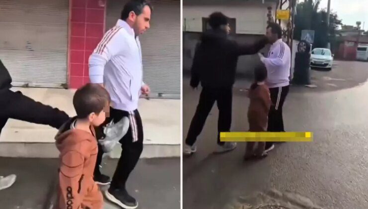 Çocuğunun gözü önünde tekme tokat dövdü