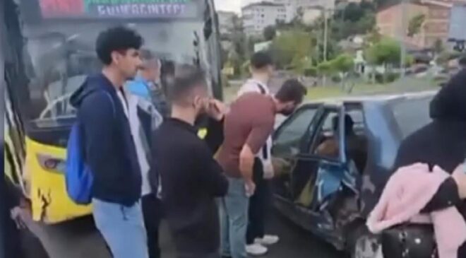Başakşehir’de İETT otobüsü ile çarpışan otomobil bariyerlere çarptı, 3 kişi yaralandı